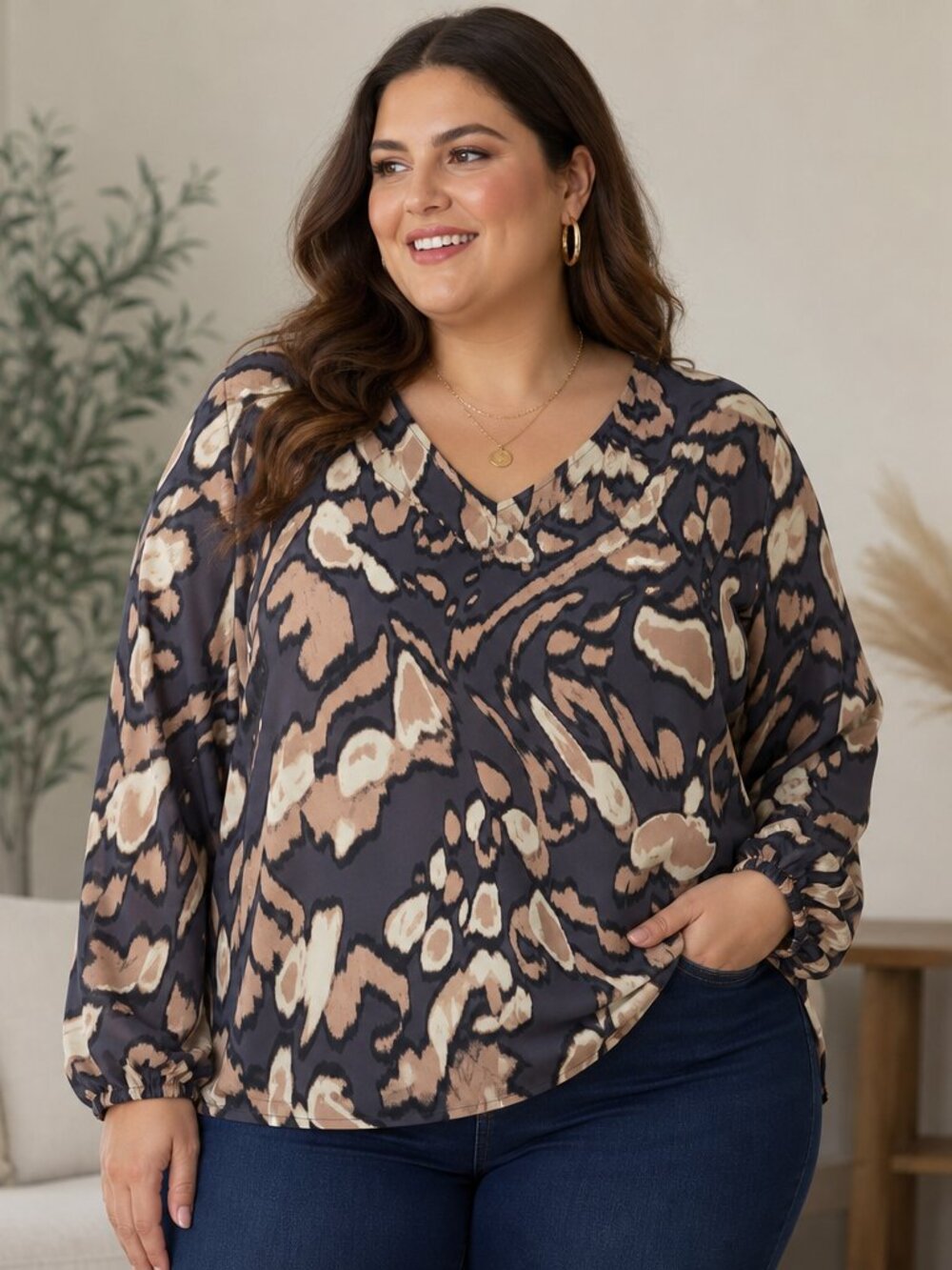Belle by Kim Gravel Abstract Print Blouse – Brown & Cream – Size XL – Good Condi